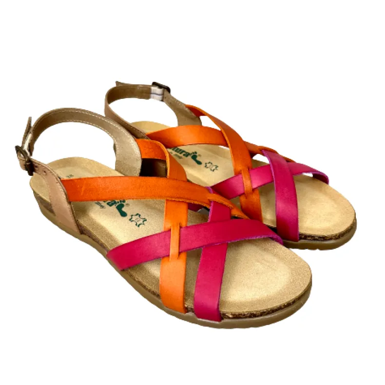 Bionatura Sandal In Fuchsia, Orange, Taupe Leather