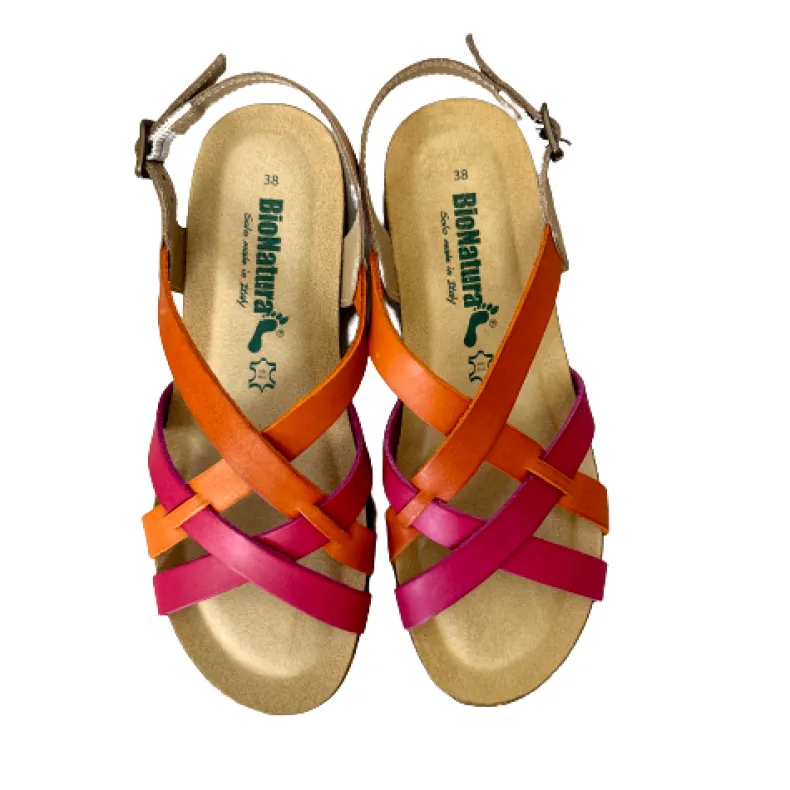 Bionatura Sandal In Fuchsia, Orange, Taupe Leather