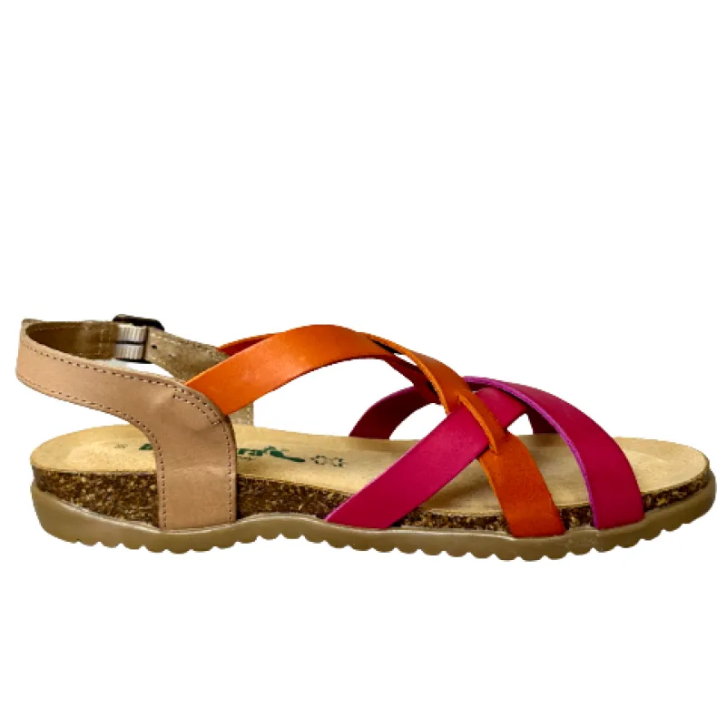Bionatura Sandal In Fuchsia, Orange, Taupe Leather