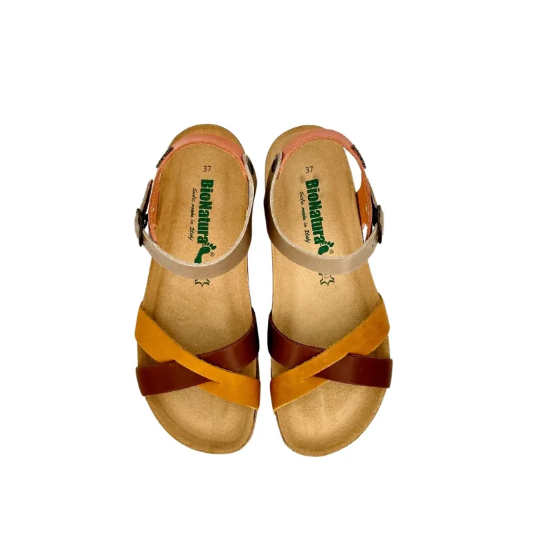 Bionatura Sandal In Ocher, Brown, Taupe And Orange Fregene Leather