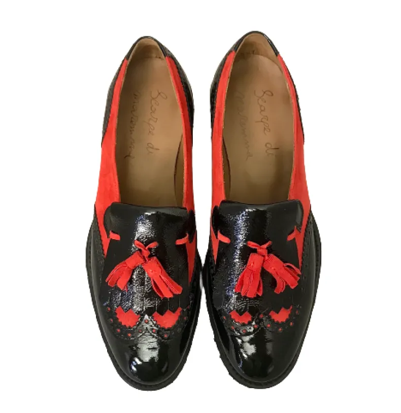Black Patent Moccasin And Red Suede