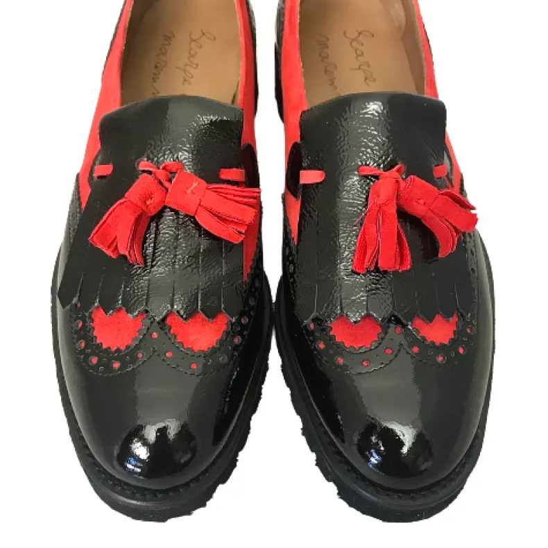 Black Patent Moccasin And Red Suede