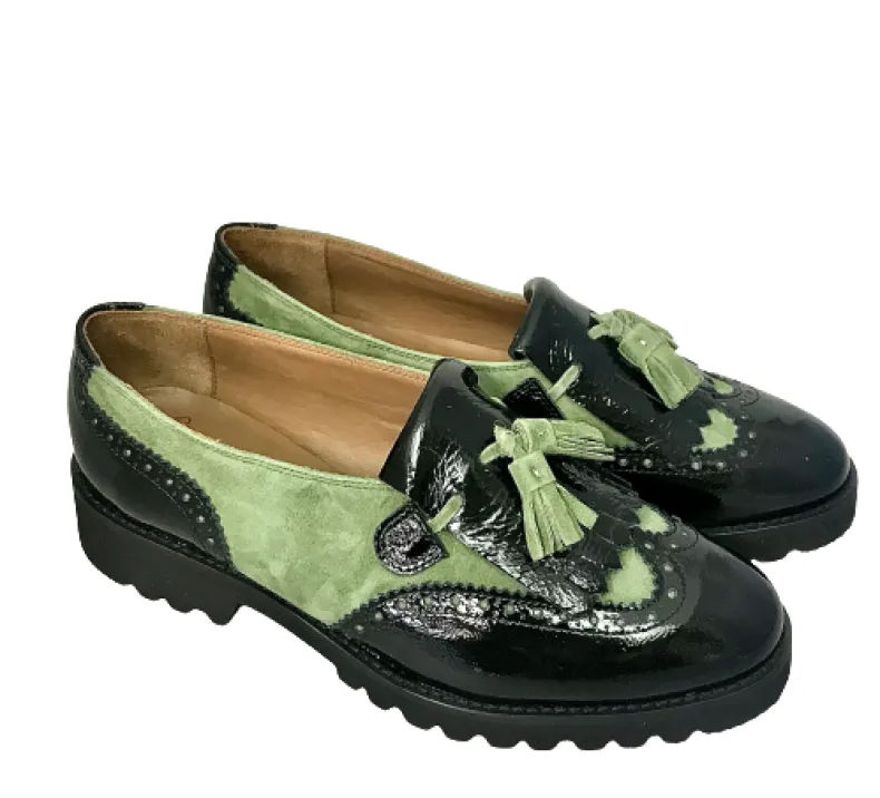 Black Patent Moccasin And Green Suede
