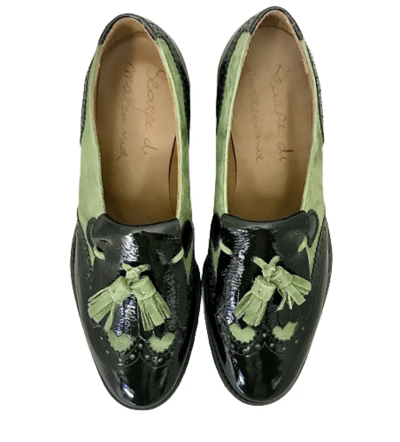 Black Patent Moccasin And Green Suede