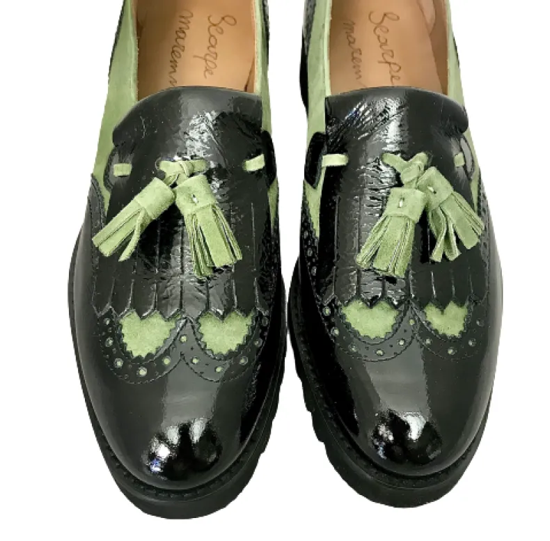 Black Patent Moccasin And Green Suede