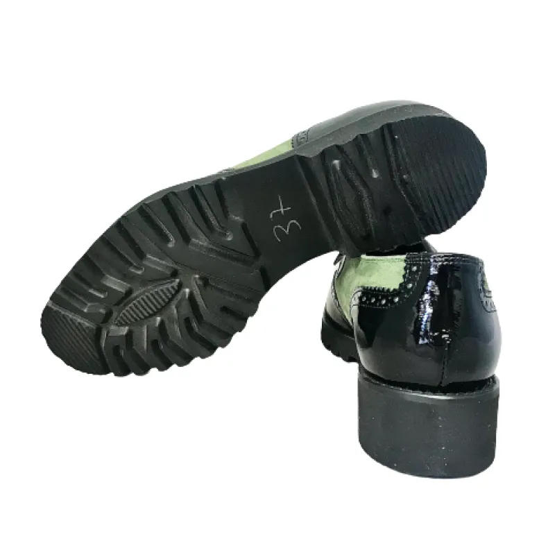 Black Patent Moccasin And Green Suede
