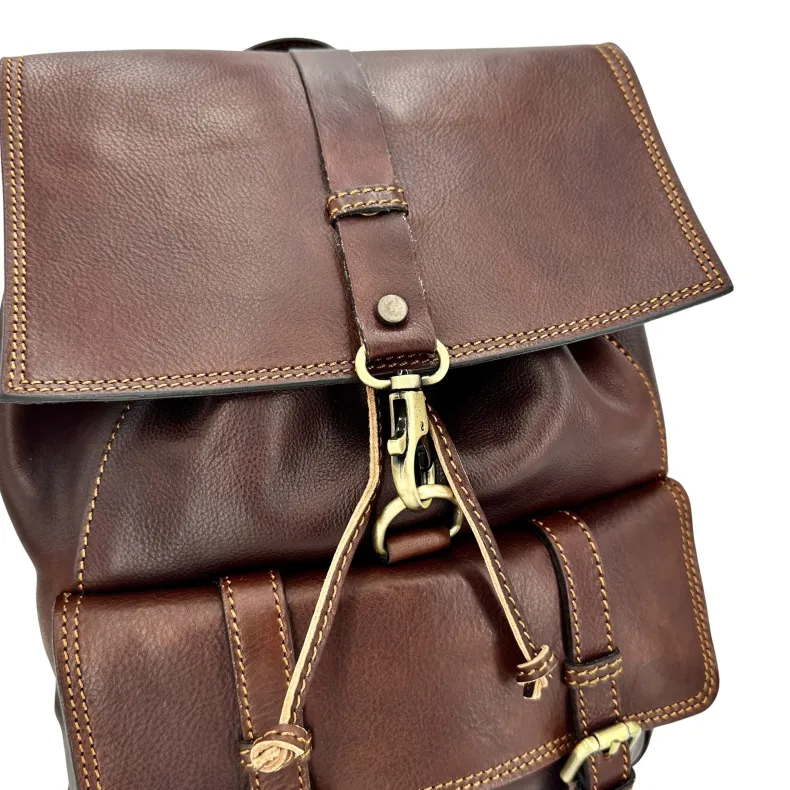 Brown Handmade Backpack With Carabiner And Buckles