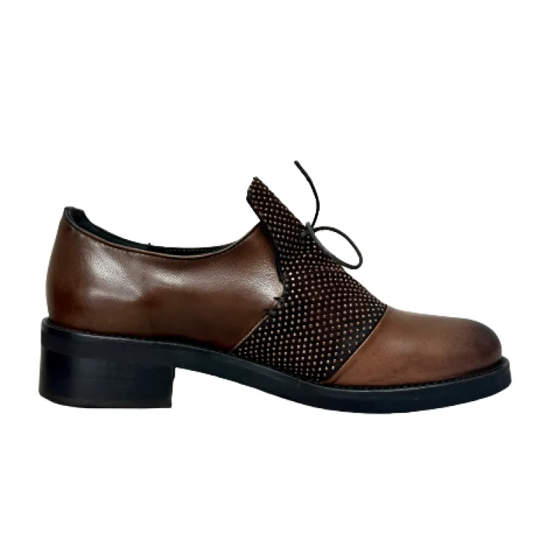 Brown Shoe In Leather And Suede With PFV Rhinestones