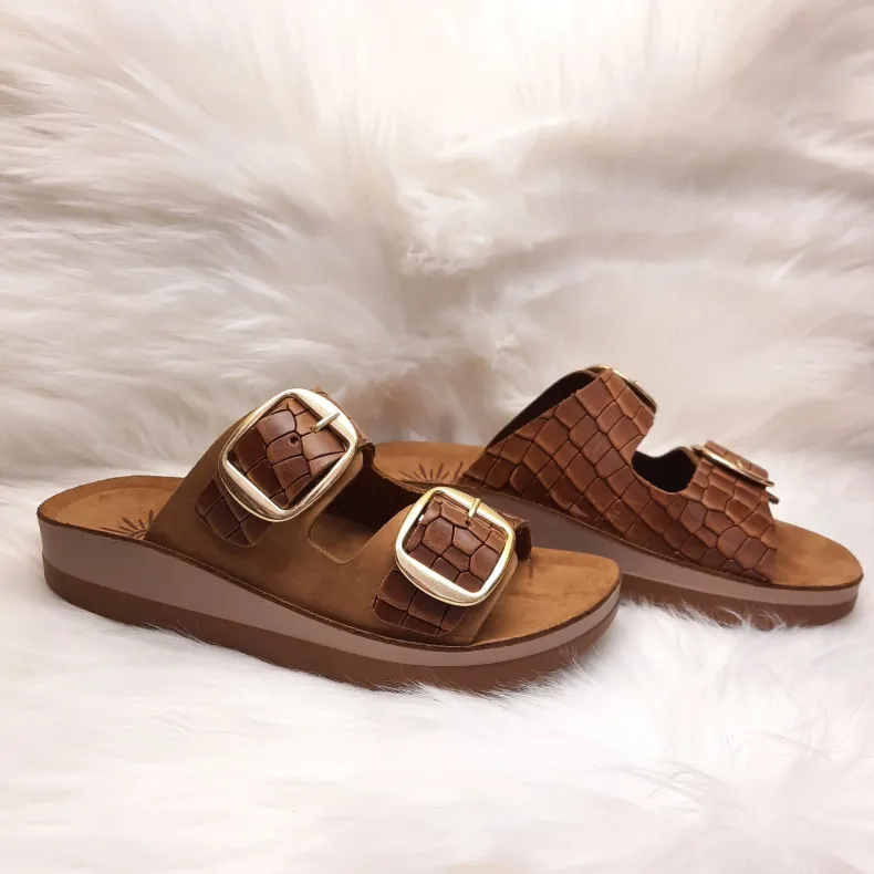 Double Buckle Slipper In Cognac Crocodile Leather