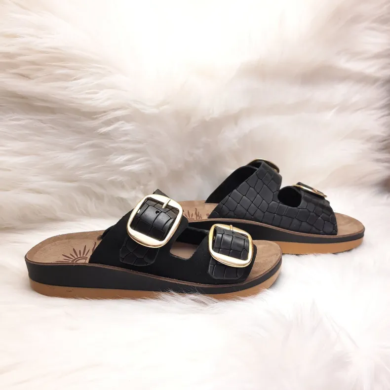 Double Buckle Slipper In Black Crocodile Leather