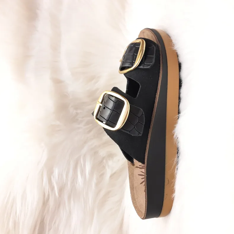 Double Buckle Slipper In Black Crocodile Leather