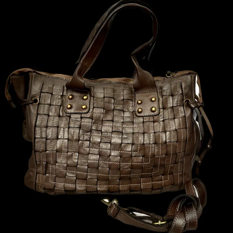 Handcrafted Bag In Washed Leather With Large Weaving