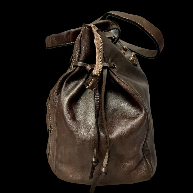 Handcrafted Bag In Washed Leather With Large Weaving