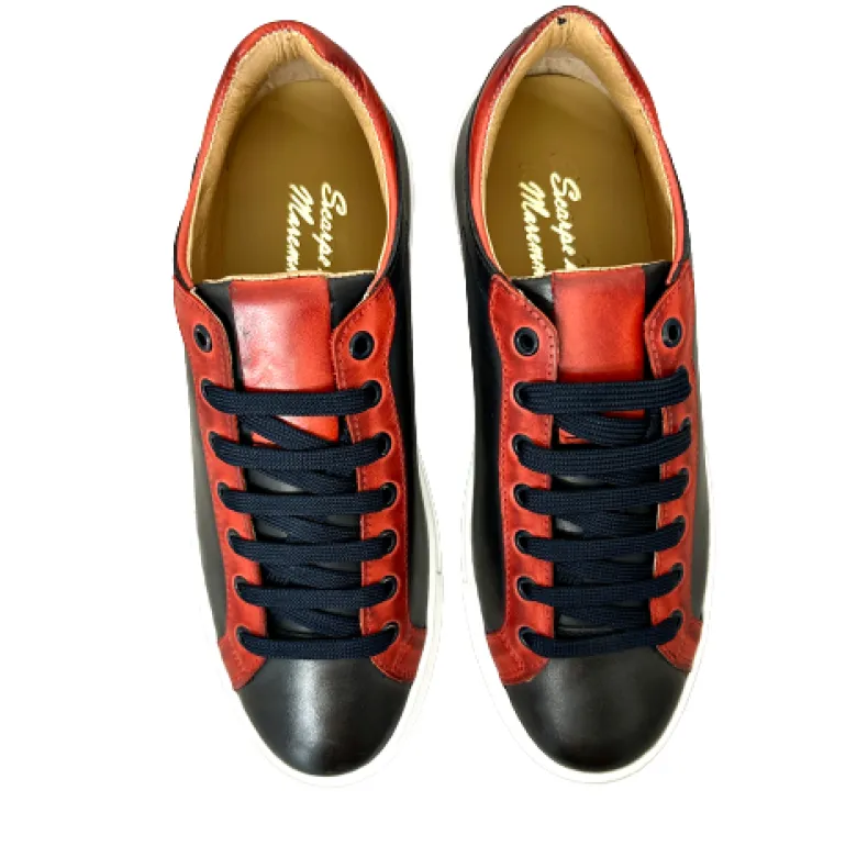 Handcrafted Blue And Red Leather Sneakers