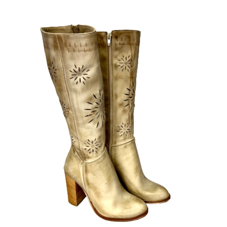 Handcrafted Brushed Taupe Lasered Boot With Heel