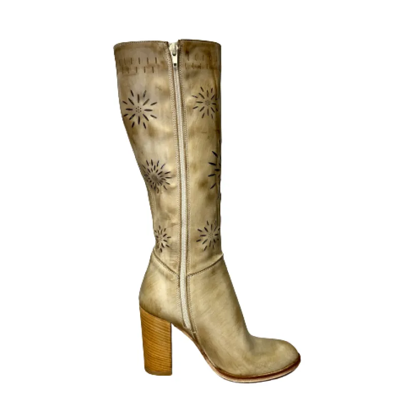 Handcrafted Brushed Taupe Lasered Boot With Heel