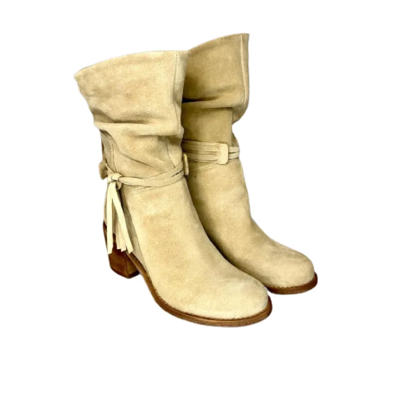 Handcrafted Curled Boot In Taupe Suede