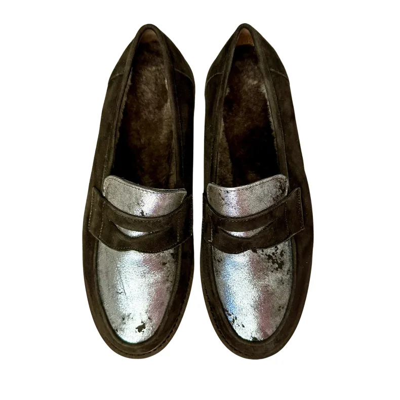 Handcrafted Moccasin In Dark Brown Suede And Lambskin Lining