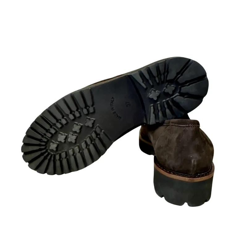 Handcrafted Moccasin In Dark Brown Suede And Lambskin Lining