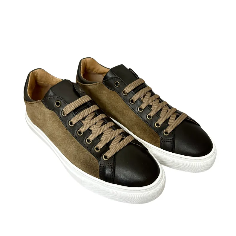 Handcrafted Sneakers In Taupe Nubuck And Dark Brown Leather