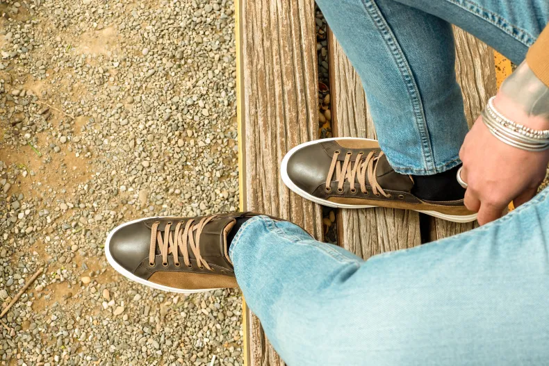 Handcrafted Sneakers In Taupe Nubuck And Dark Brown Leather