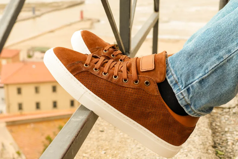 Handcrafted Sneakers In Perforated Leather Suede