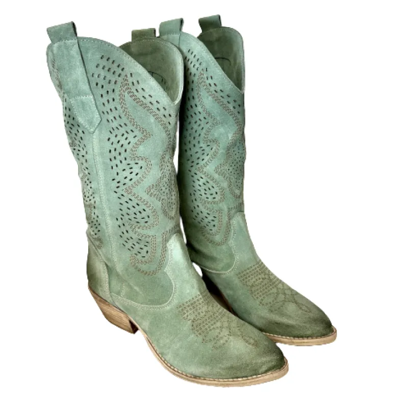Handcrafted Texan In Medium Sage Lasered Suede