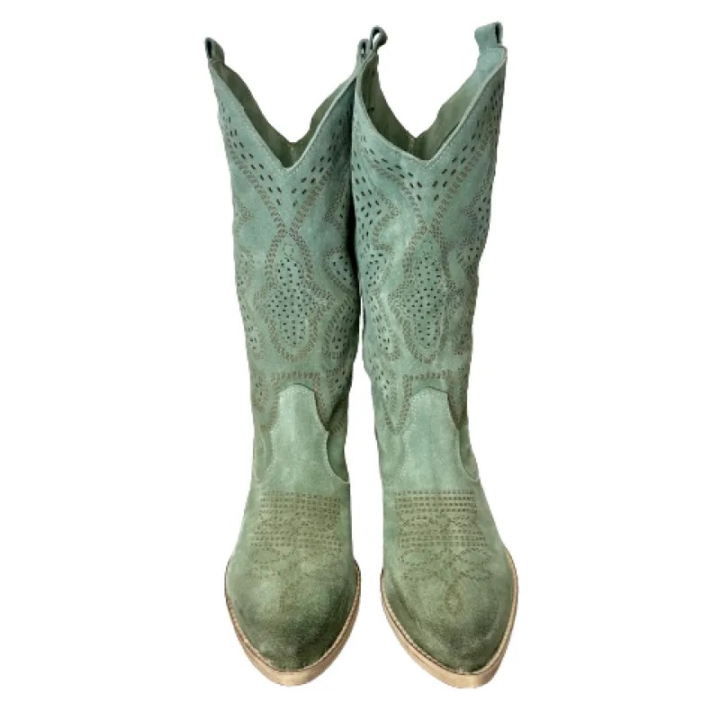 Handcrafted Texan In Medium Sage Lasered Suede