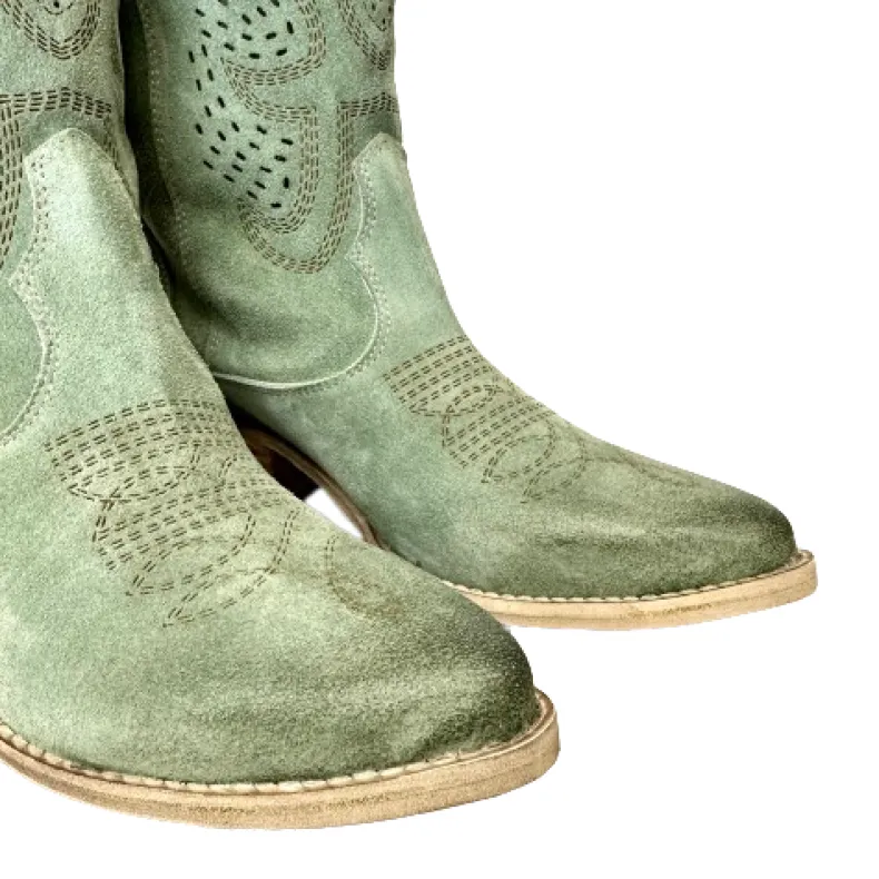 Handcrafted Texan In Medium Sage Lasered Suede