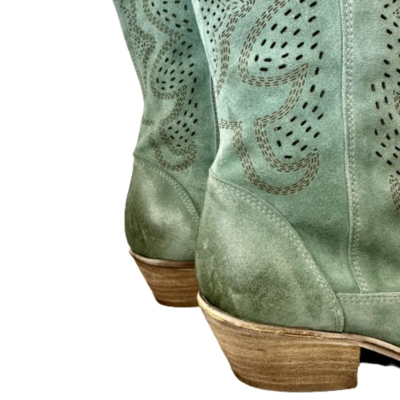 Handcrafted Texan In Medium Sage Lasered Suede