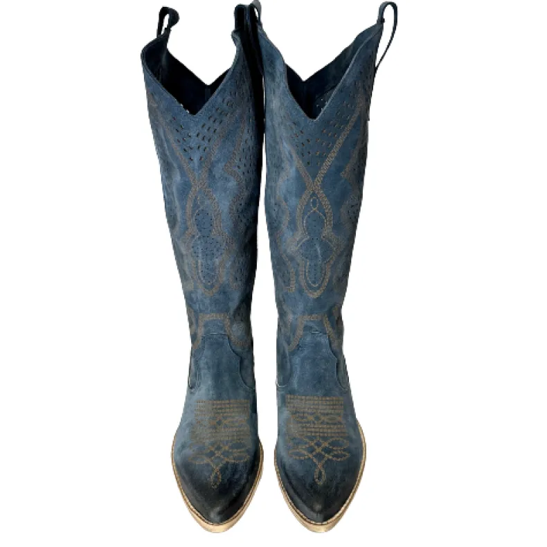 Handcrafted Texan In High Blue Lasered Suede