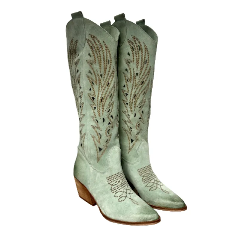 Handcrafted Texan In High Sage Lasered Suede