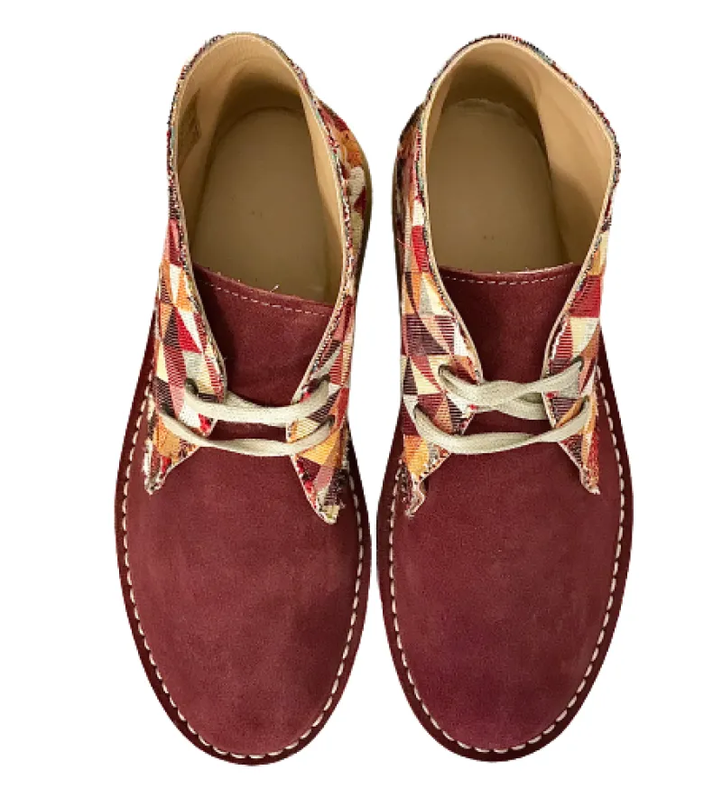Handmade Ankle Boot Red Squares / Burgundy Suede