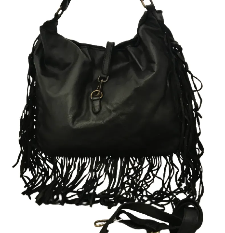 Handmade Bag In Washed Leather With Fringes