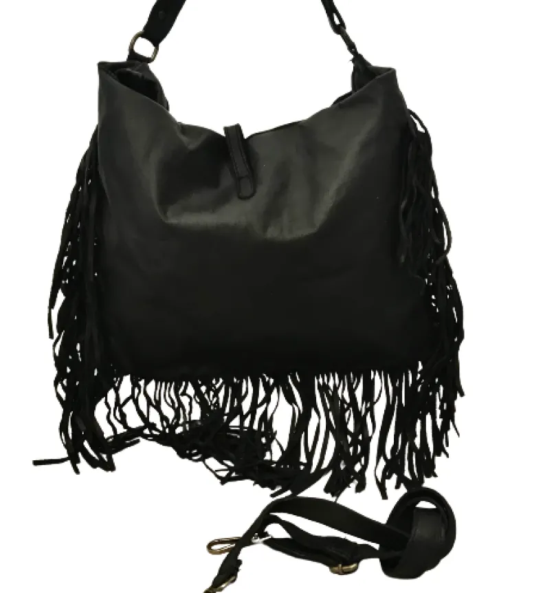 Handmade Bag In Washed Leather With Fringes