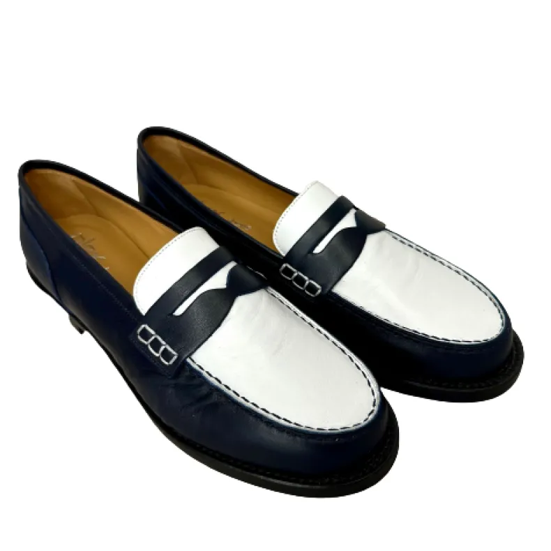 Handmade Moccasin Sewn In White And Blue Leather