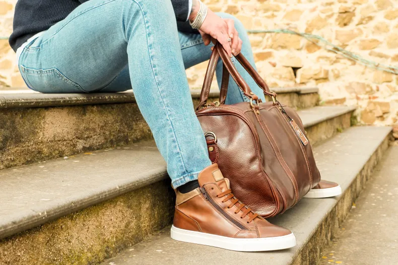 High-top Handmade Sneakers In Brown Leather