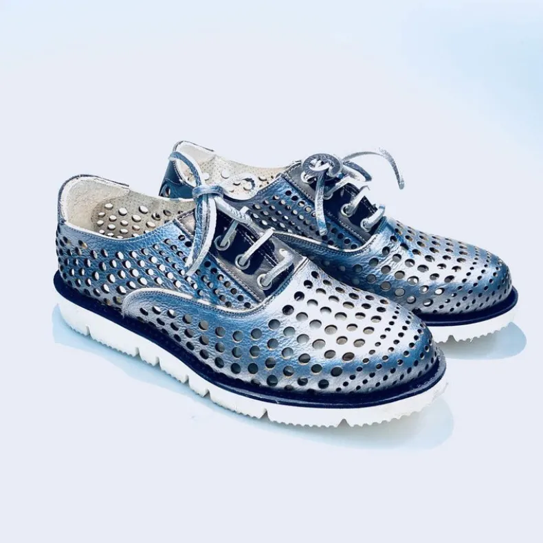 Lace-up Sneakers In Blue Pearled Leather