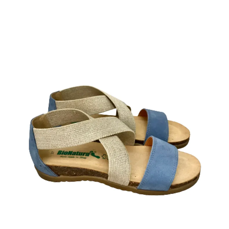 Sandal In Bionatura Leather With Light Blue Elastic