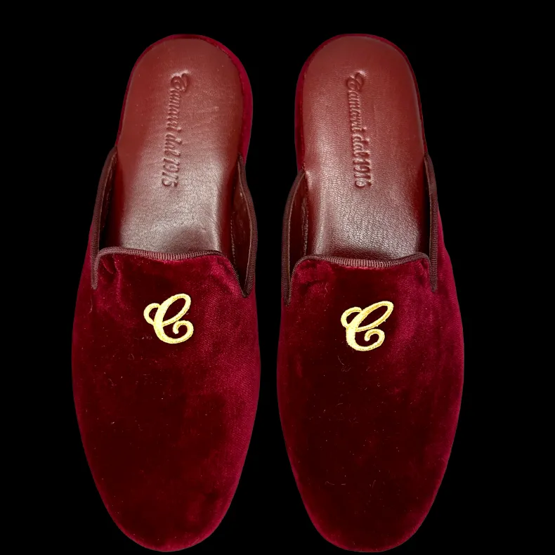 Slipper / Bedside Rug In Burgundy Velvet With Personalized Initials