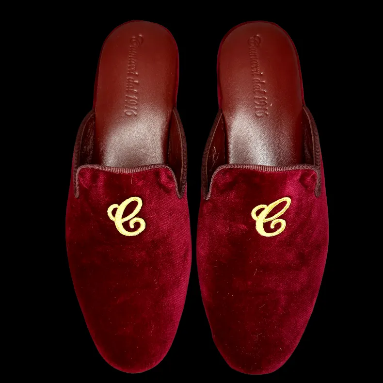 Slipper / Bedside Rug In Burgundy Velvet Leather With Personalized Initials