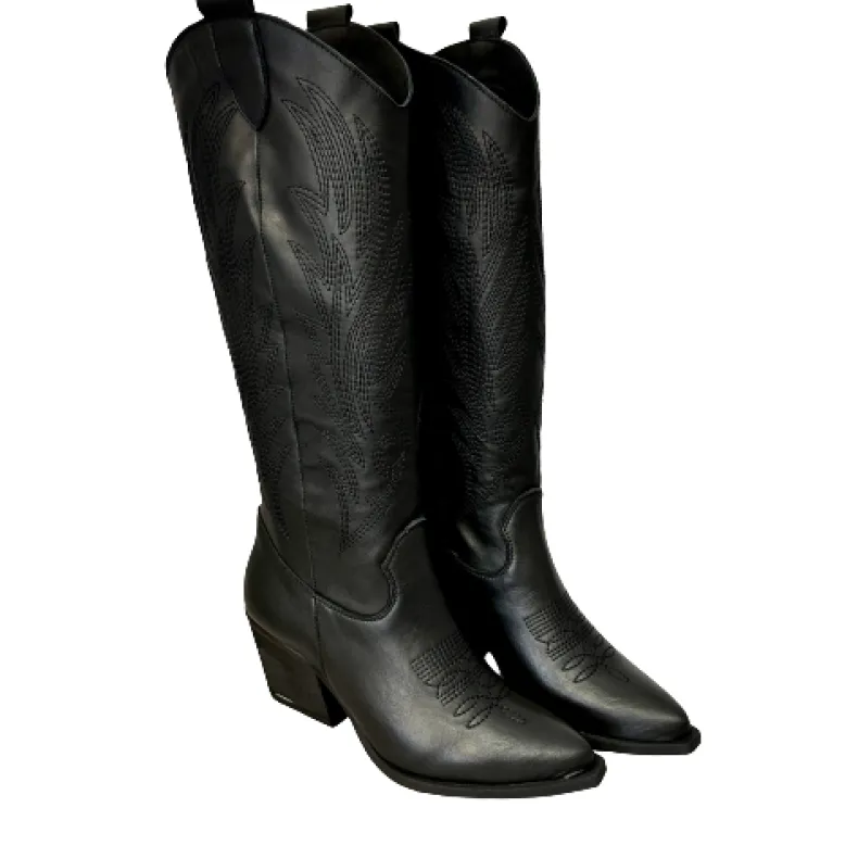 Texan Handcrafted In High Black Embroidered Leather