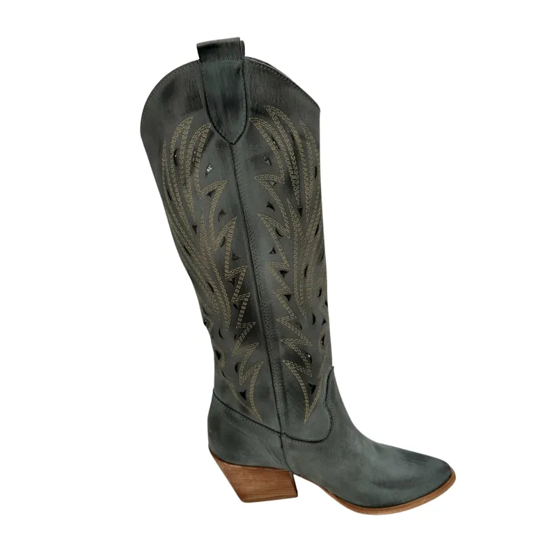 Texan In Lasered Nubuck Leather, Brushed Gray Jeans