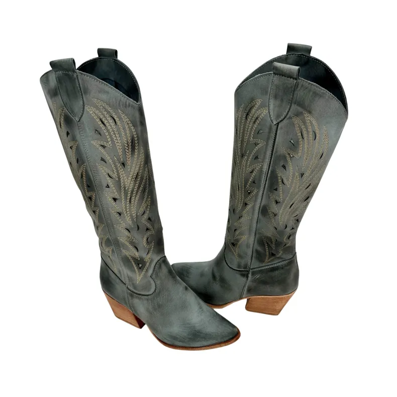 Texan In Lasered Nubuck Leather, Brushed Gray Jeans