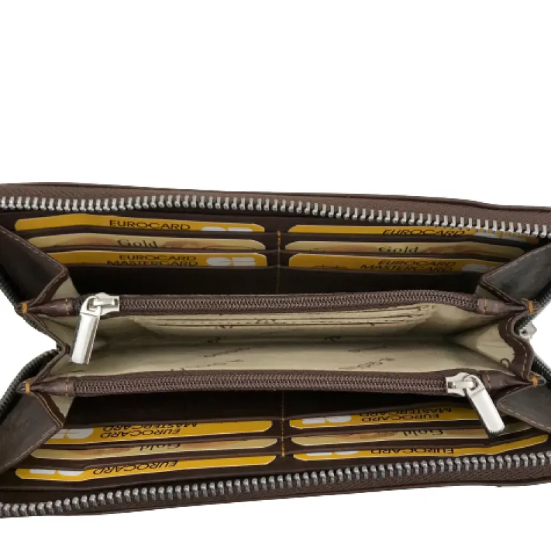 Wallet With Brown Zip And Topstitching